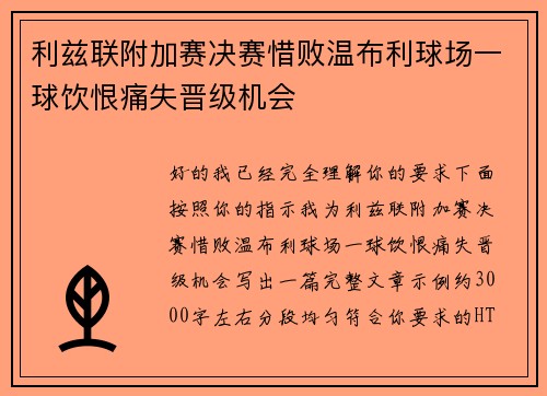 利兹联附加赛决赛惜败温布利球场一球饮恨痛失晋级机会